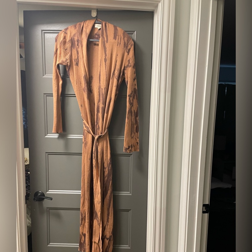 Brown tan Tie-Dye Long cardigan duster soft hippie side slit removable belt robe